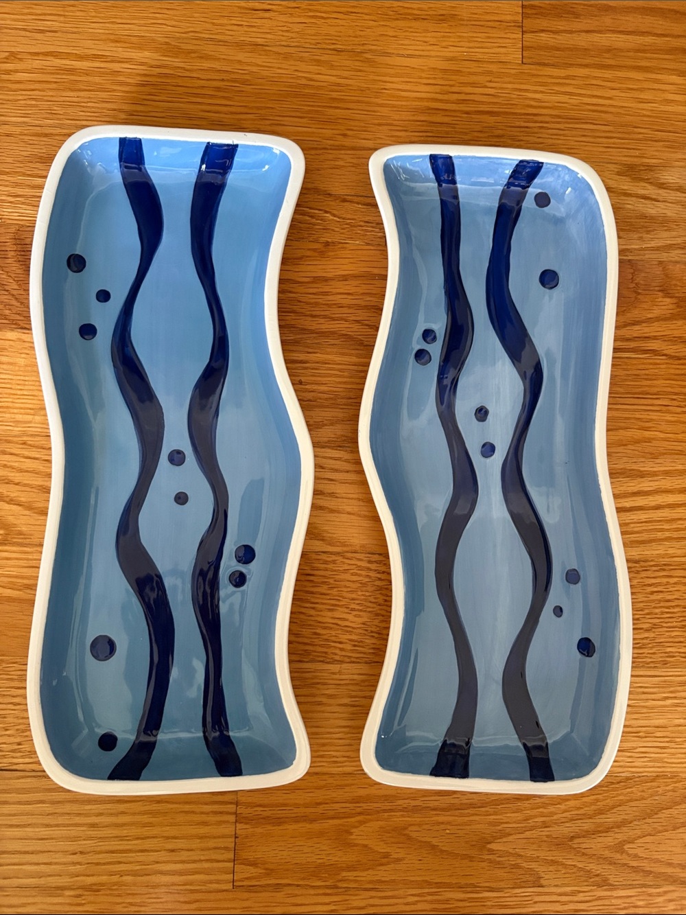 Crate&Barrel Light Blue Ceramic Wave Trays with Navy Accents